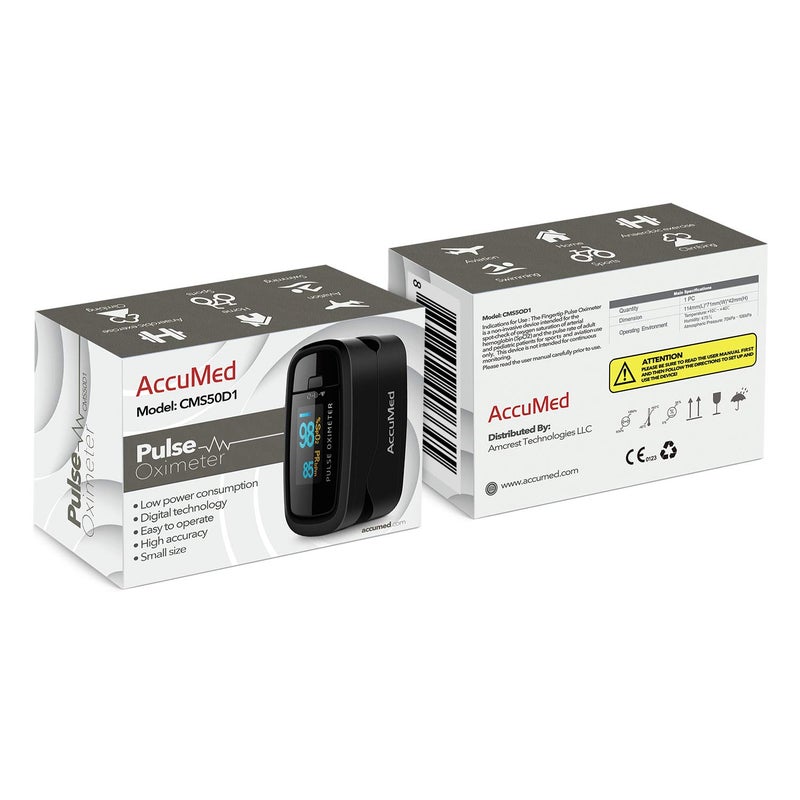 AccuMed CMS-50D1 Fingertip Pulse Oximeter Blood Oxygen Sensor SpO2 for Sports and Aviation. Portable and Lightweight with LED Display, 2 AAA Batteries, Lanyard and Travel Case (Black) - Image 5